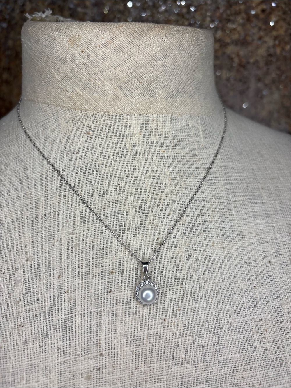 Vintage 925 Sterling Silver Faux Pearl Halo Pendant Rhinestone Necklace